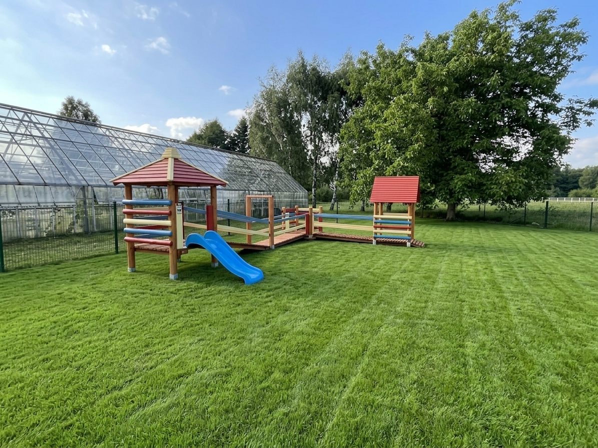 Drewniany plac zabaw ze zjeżdżalnią i domkiem na trawiastym terenie żłobka