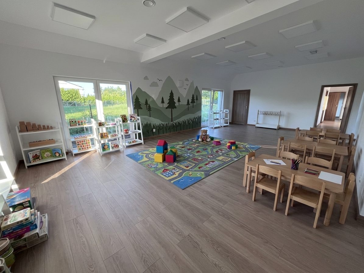Sala żłobka — jasne wnętrze z dywanem do zabawy, drewnianymi stolikami i regałami z pomocami Montessori